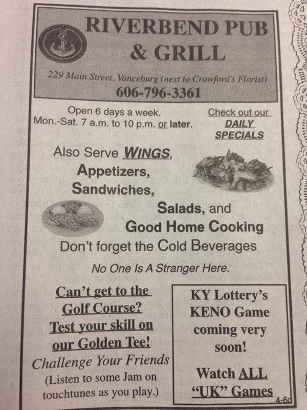 Riverbend Pub & Grill - Vanceburg, KY menu_pic
