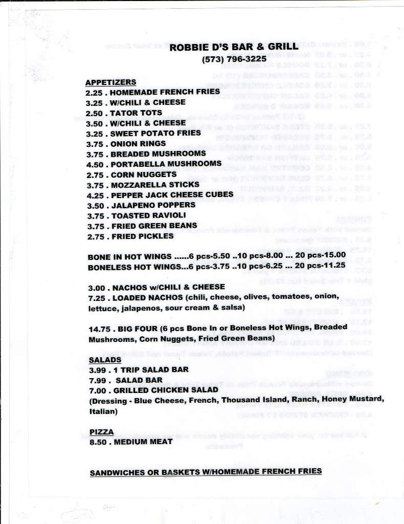 Robbie D's Bar and Grill - California, MO menu_pic