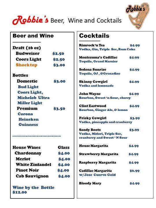 Robbie's Restaurant - Rimrock, AZ menu_pic
