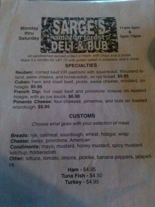 Sarge's Amazon Forest Deli & Pub - Hampton, GA menu_pic