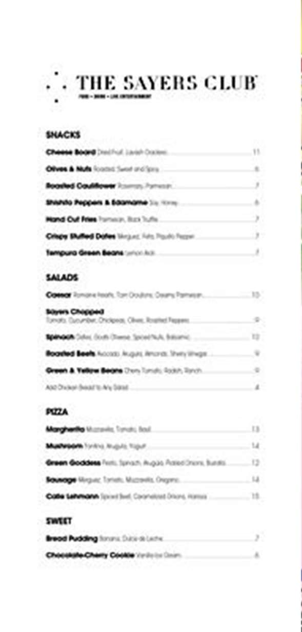 Sayers Club - Los Angeles, CA menu_pic