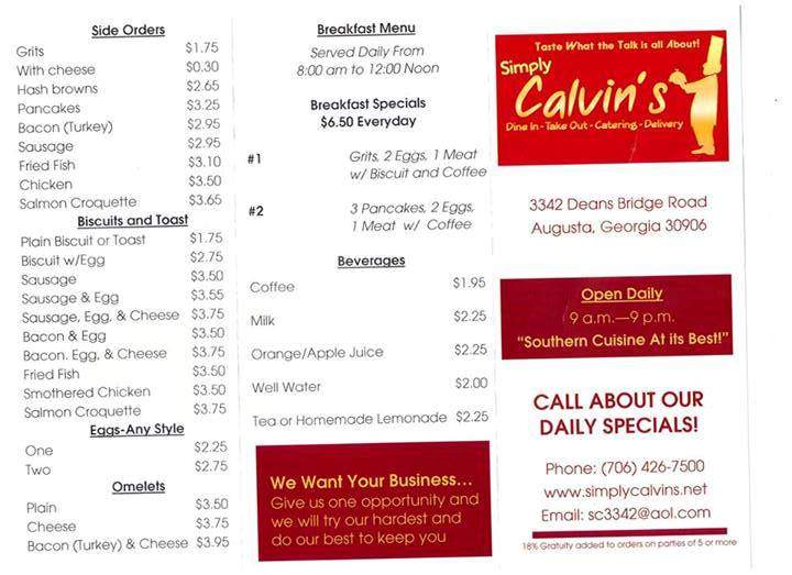 Simply Calvin's - Augusta, GA menu_pic