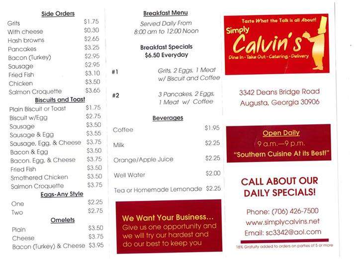 Simply Calvin's - Augusta, GA menu_pic
