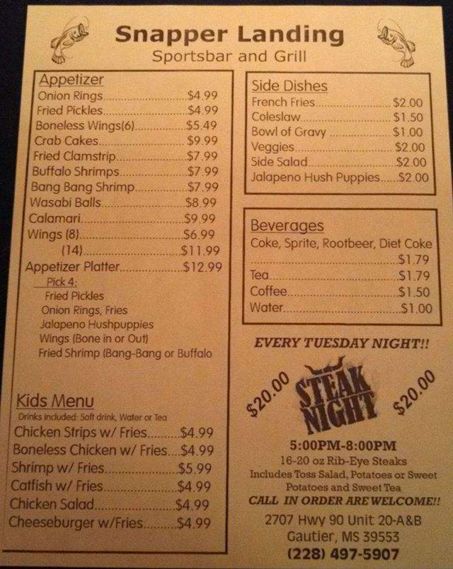 Snapper Landing Sports Bar and Grill - Gautier, MS menu_pic