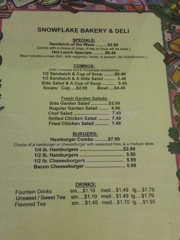 Snowflake Bakery and Deli - Henderson, TX menu_pic