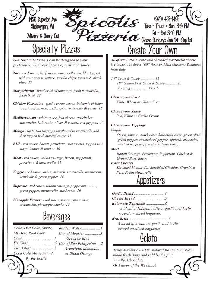 Spicolis Pizzeria - Sheboygan, WI menu_pic
