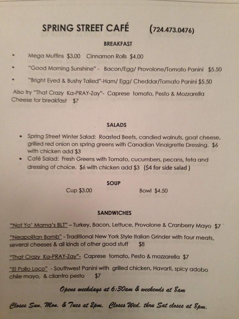 Spring Street Cafe - Zelienople, PA menu_pic