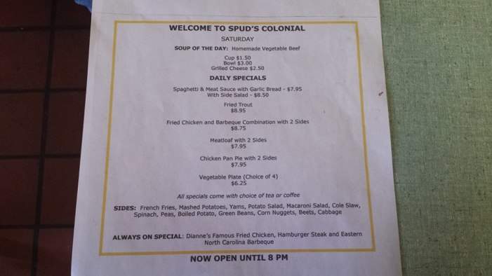 Spud's Colonial Restaurant - Elizabeth City, NC menu_pic