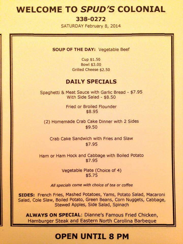 Spud's Colonial Restaurant - Elizabeth City, NC menu_pic