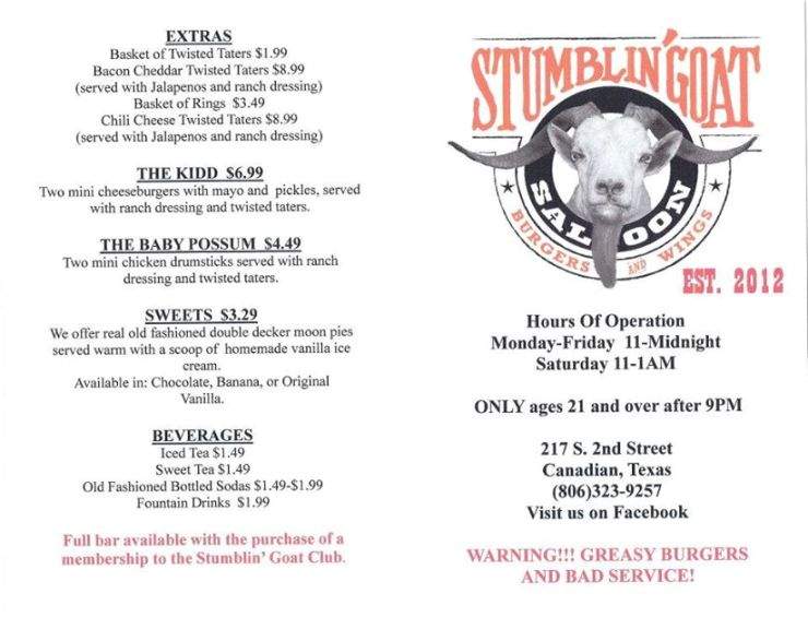 Stumblin Goat Saloon - Canadian, TX menu_pic