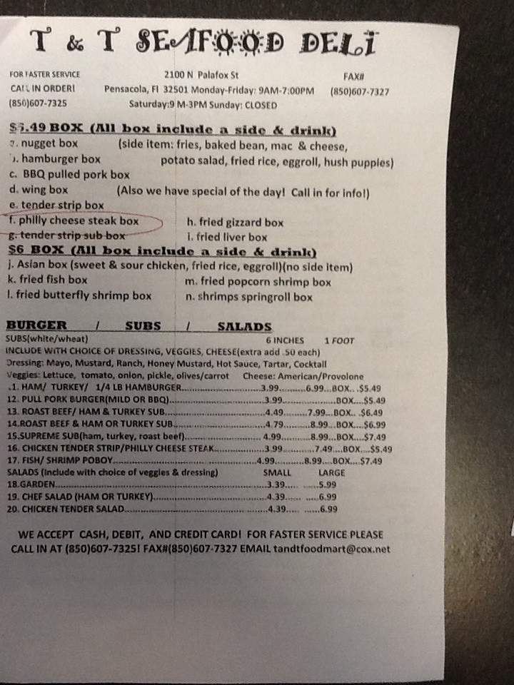 T & T Seafood Deli - Pensacola, FL menu_pic