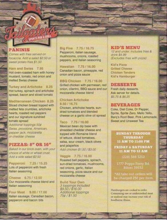 Tailgaters - Biloxi, MS menu_pic