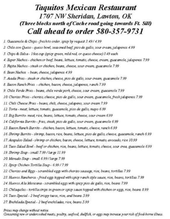 Taquitos Mexican Restaurant - Lawton, OK menu_pic