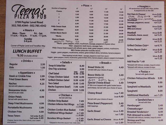 Teena's Pizza - Louisville, KY menu_pic