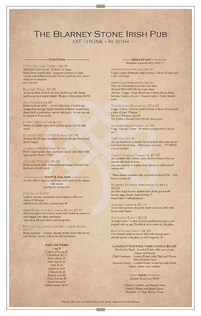The Blarney Stone Irish Pub - Eureka Springs, AR menu_pic