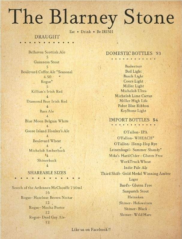 The Blarney Stone Irish Pub - Eureka Springs, AR menu_pic