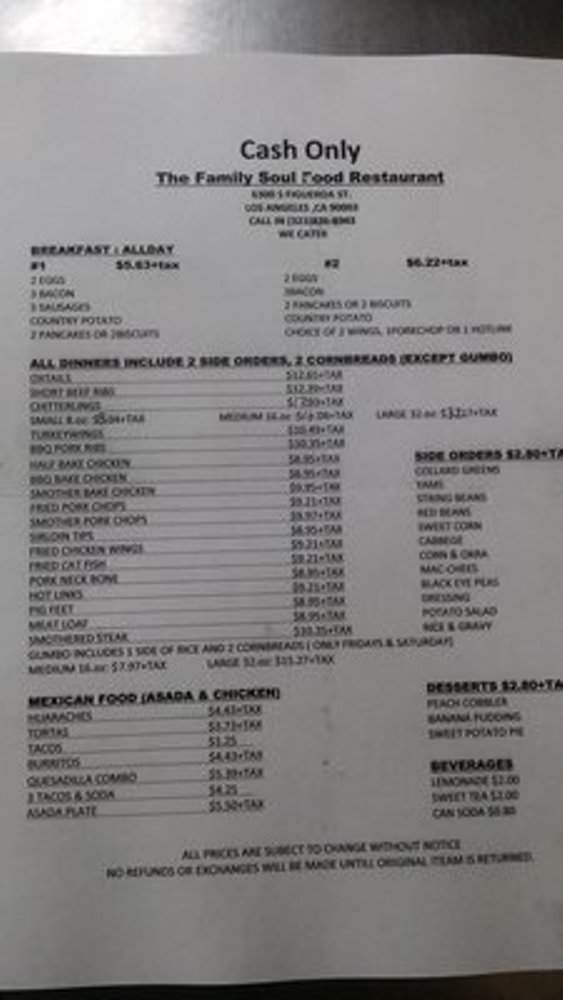 The Family Bakery Soul Food Restaurant - Los Angeles, CA menu_pic