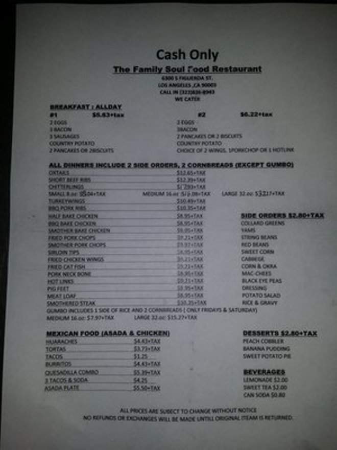 The Family Bakery Soul Food Restaurant - Los Angeles, CA menu_pic