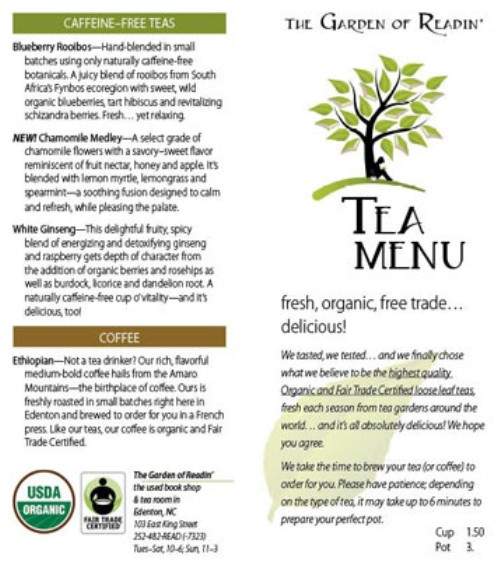 The Garden of Readin', The Used Book Shop & Tea Room - Edenton, NC menu_pic