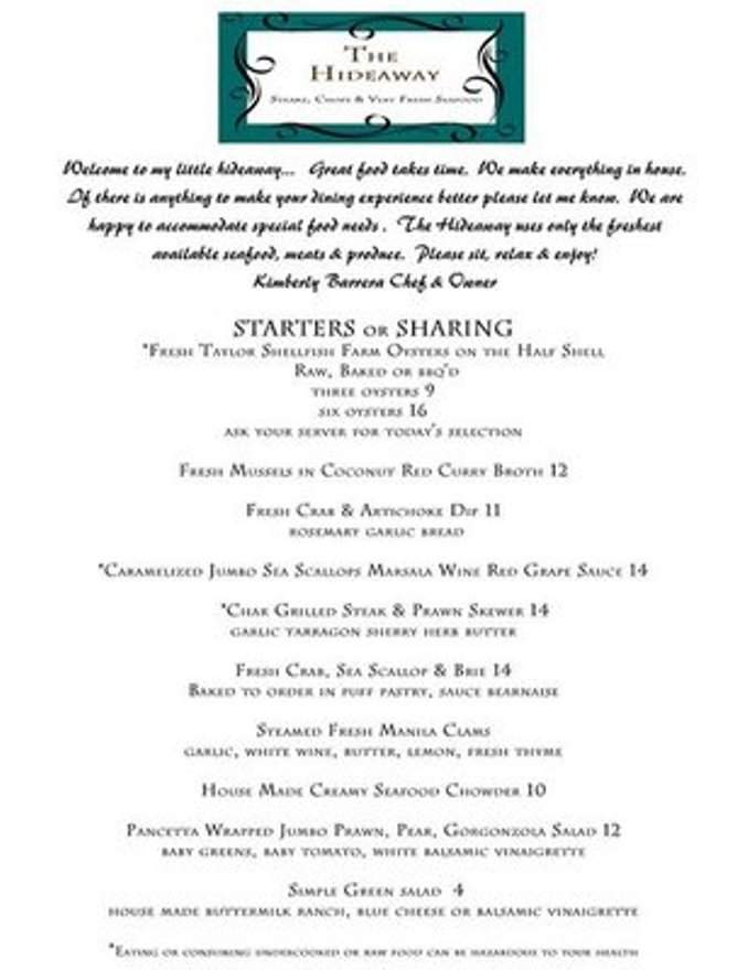 The Hideaway - Cashmere, WA menu_pic