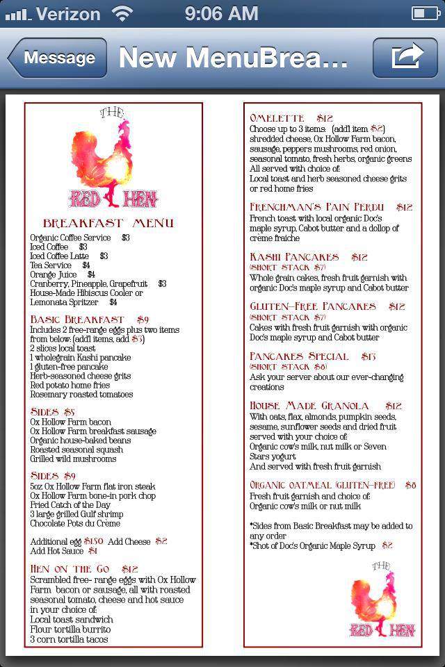 The Red Hen - Westport, CT menu_pic