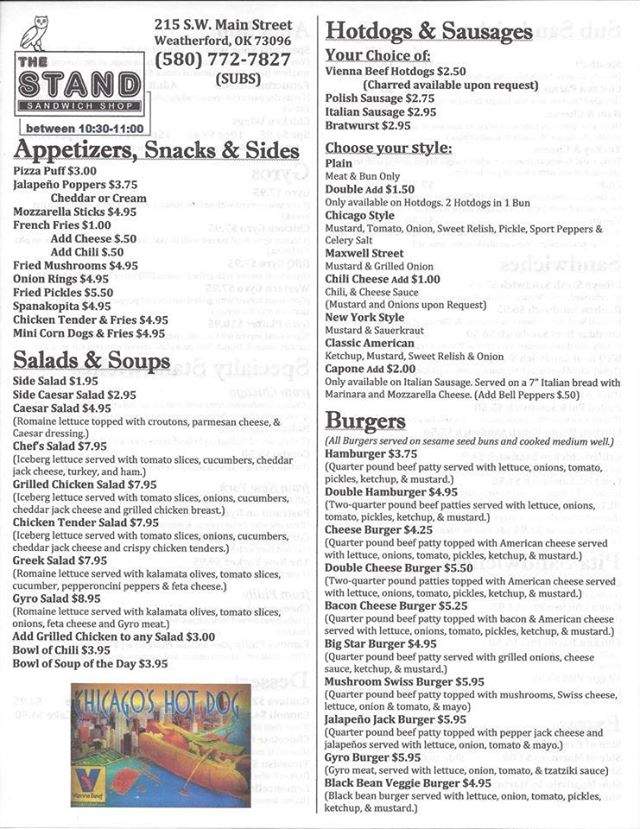 The Stand Sandwich Shop - Weatherford, OK menu_pic