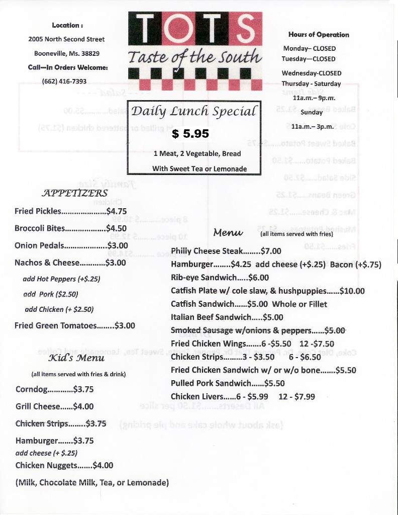 TOTS (Taste Of The South) - Booneville, MS menu_pic