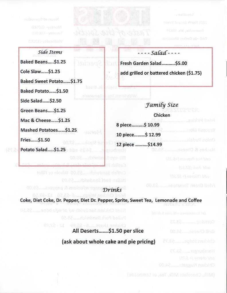 TOTS (Taste Of The South) - Booneville, MS menu_pic