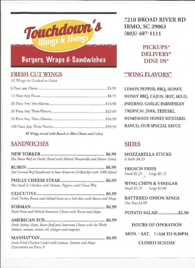 TouchDowns wings n things - Irmo, SC menu_pic