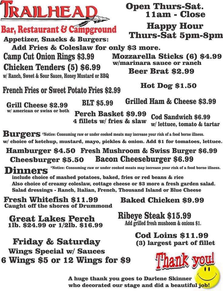Trailhead Bar, Restaurant & Campground - Drummond, MI menu_pic