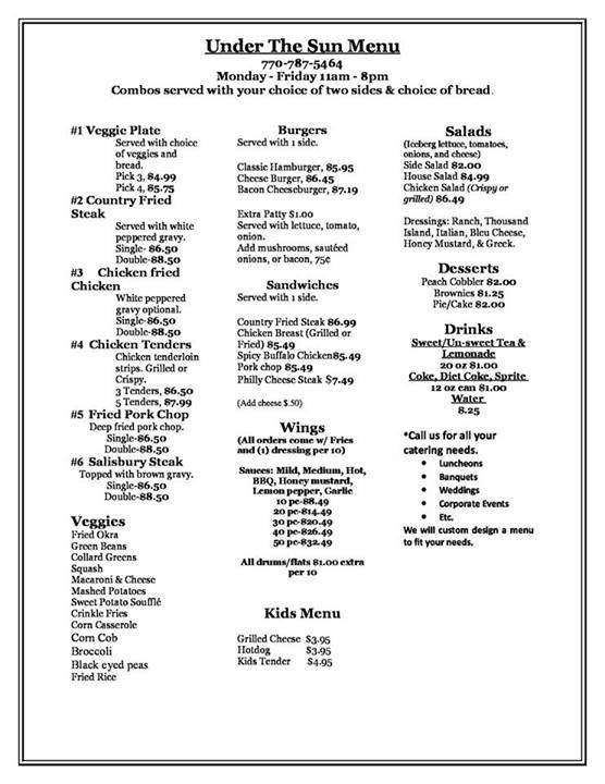 Under the Sun Restaurant - Covington, GA menu_pic