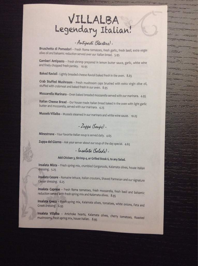 Villalba Italian Restaurant - Nashville, TN menu_pic