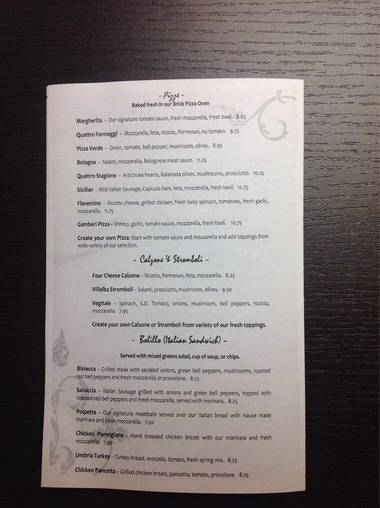 Villalba Italian Restaurant - Nashville, TN menu_pic