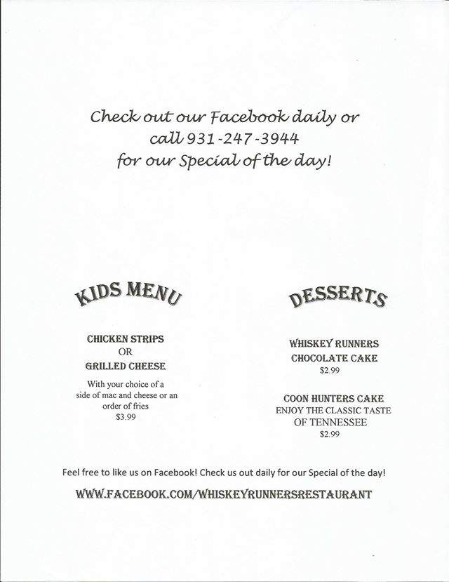 Whiskey Runners Resaurant - Lynchburg, TN menu_pic