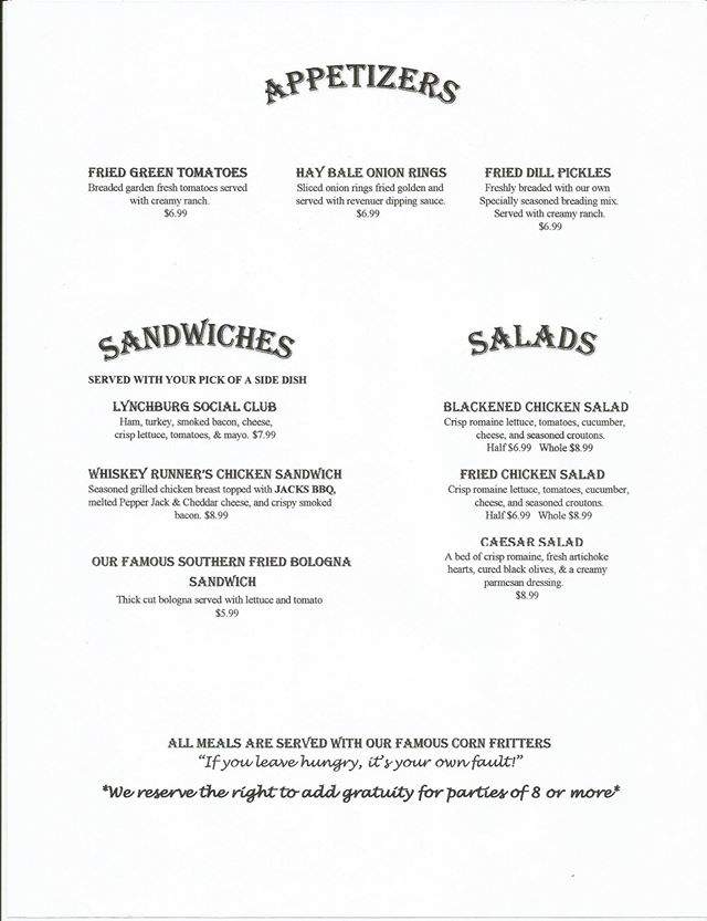 Whiskey Runners Resaurant - Lynchburg, TN menu_pic