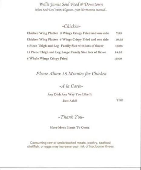 Willie James Soul Food Restaurant - Lancaster, PA menu_pic