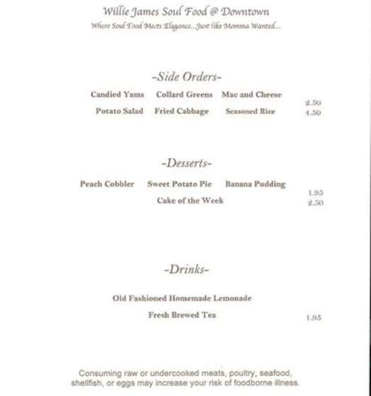 Willie James Soul Food Restaurant - Lancaster, PA menu_pic