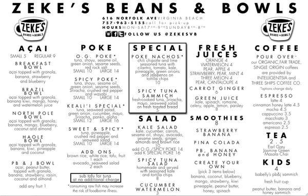Zeke's Beans and Bowls - Virginia Beach, VA menu_pic