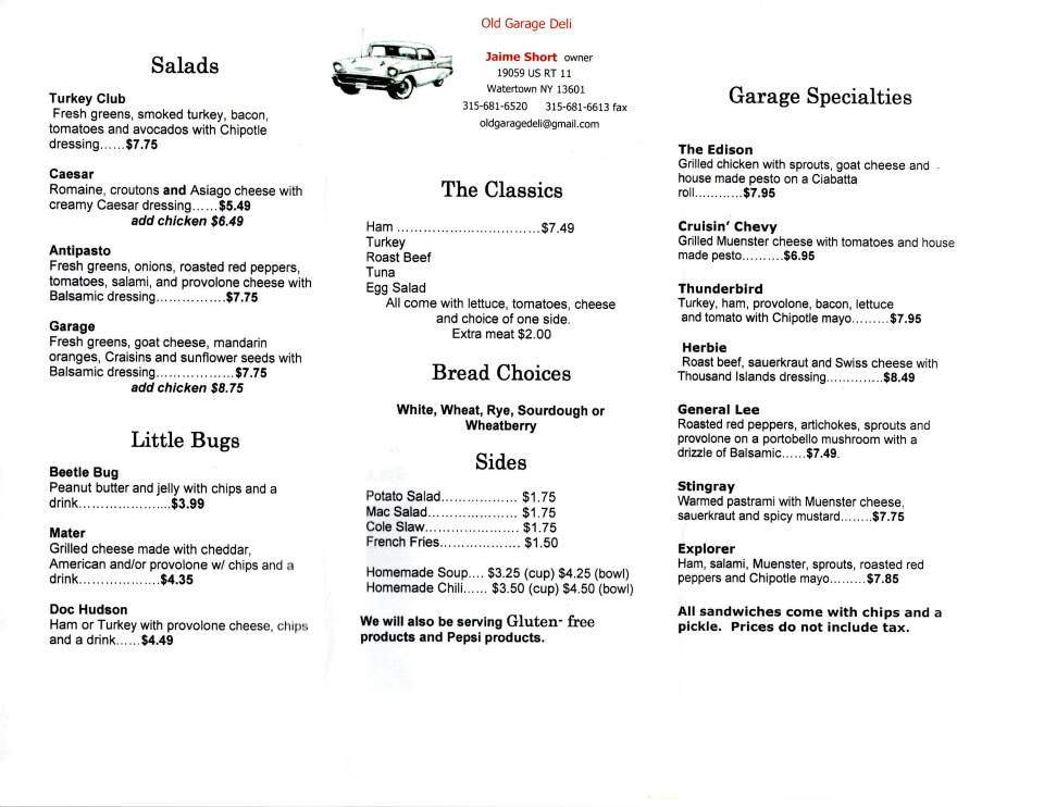 Old Garage Deli - Watertown, NY menu_pic
