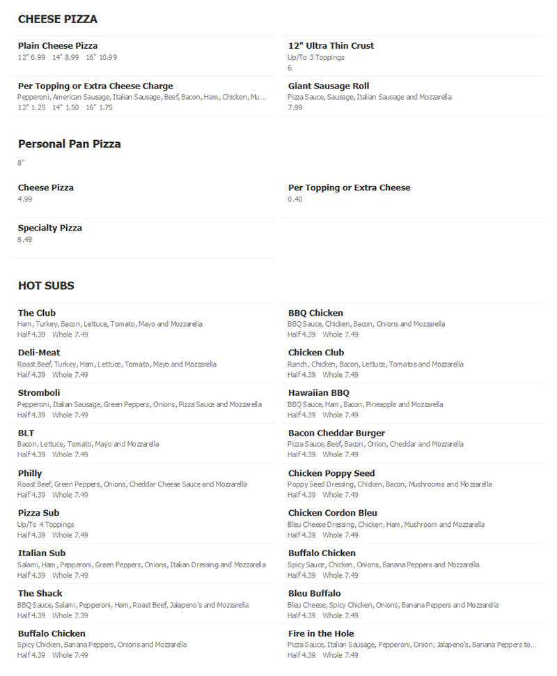 Pizza Subs & BBQ - Saint Joe, IN menu_pic