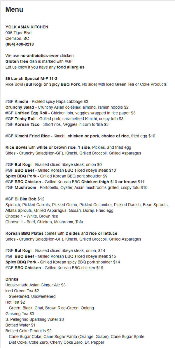 Yolk Asian Kitchen - Clemson, SC menu_pic