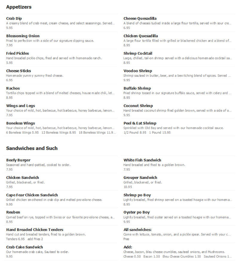 The Oasis Bar and Grill - Southport, NC menu_pic