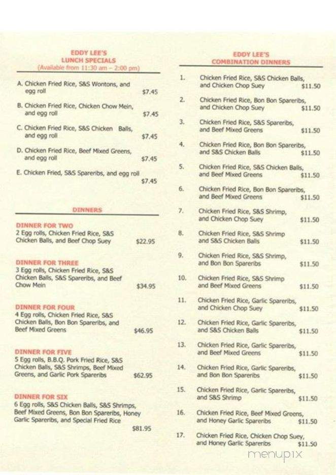 Eddy Lee's Chinese Restaurant - Thunder Bay, ON menu_pic