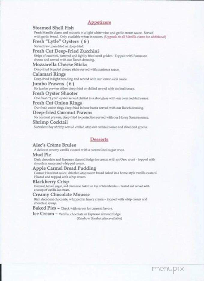 Alec's By The Sea - Ocean Shores, WA menu_pic