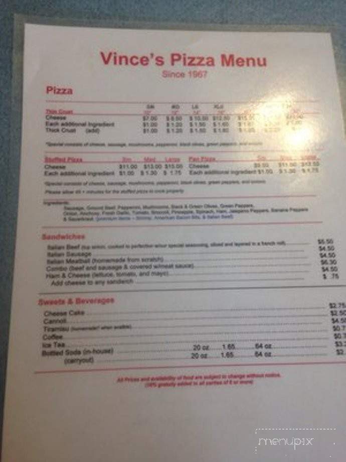 Menu of Vince's Pizza & Family Restaurant in Rochelle, IL 61068