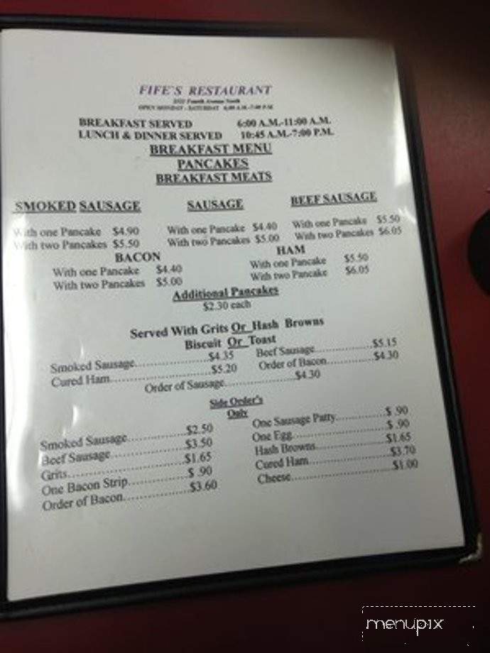 Menu of Fife's Restaurant in Birmingham, AL 35203