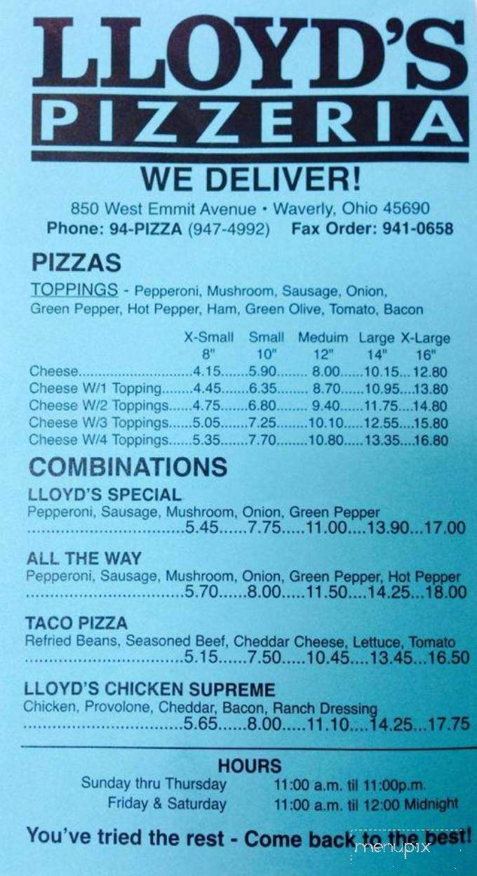 Lloyd's Pizzeria - Waverly, OH menu_pic
