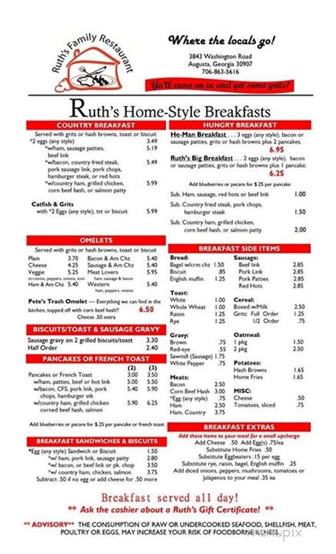 Ruth's Family Restaurant - Augusta, GA menu_pic