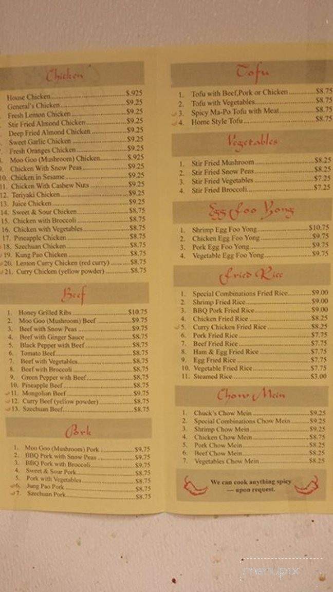 Menu Of Chuck S Oriental Palace In Great Falls Mt 59404