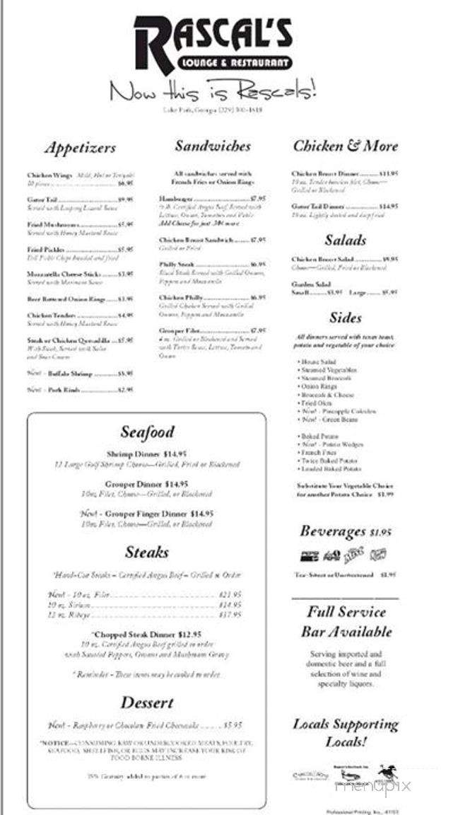 Rascals - Lake Park, GA menu_pic